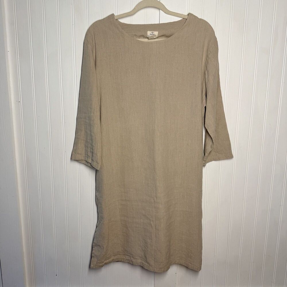 Dr Flax 100% Linen Tunic Knee Lgth Dress Size S/M Tan Khaki Minimalist Lagenlook
